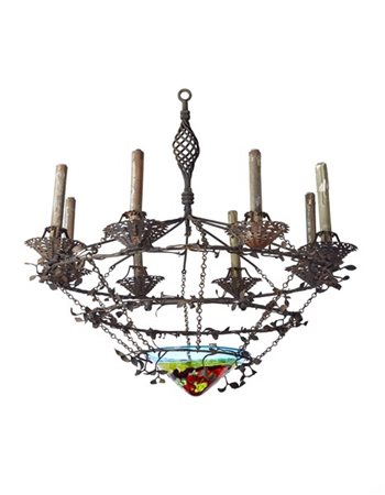 Umberto Bellotto "Connubio di ferro e vetro"Lampadario a cesendello in ferro ba