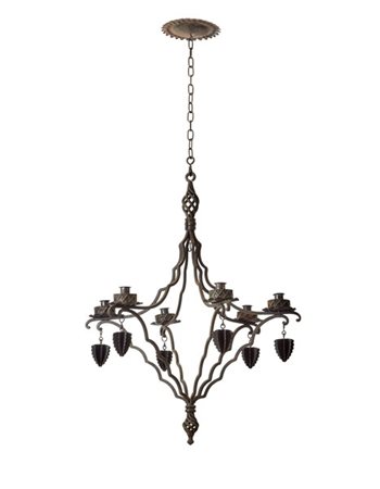 Umberto Bellotto Lampadario in ferro battuto a sei luci, decorato con pendenti a