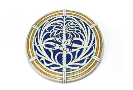 Umberto Bellotto "Amor"Grande tondo in ceramica smaltata con decori blu, verde