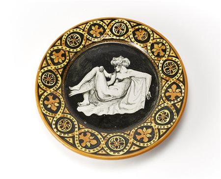 Umberto Bellotto "Leda e il cigno"Piatto decorativo in ceramica smaltata nei to