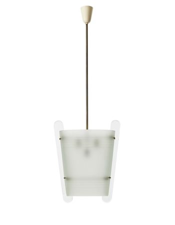 Fontana Arte Lampada a sospensione a tre luci. Milano, 1940ca. Due cristalli cur