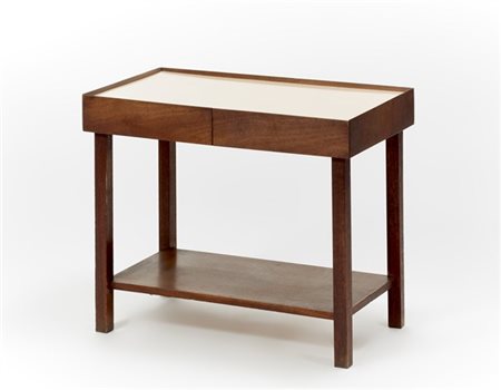 Tavolino in legno massello con piano in formica rosa, piano inferiore in legno