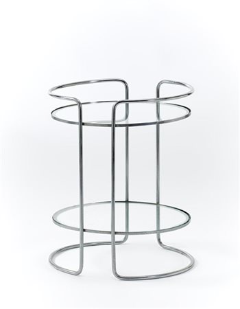 Lino Sabattini Tavolino/comodino tondo a due ripiani. Bregnano, anni '80. Strutt