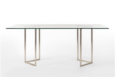 Lino Sabattini Tavolo. Bregnano, anni '70. Piano in cristallo temperato e due ba