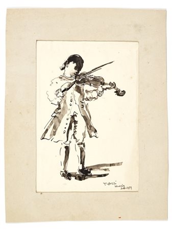 Tomaso Buzzi Disegno raffigurante giovane violinista in abiti settecenteschi. Il