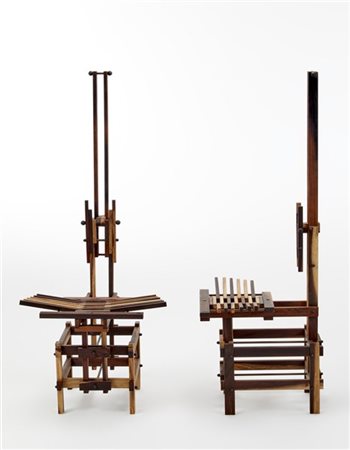 Anacleto Spazzapan Coppia di sedie scultura. Anni '90. Legno naturale ad incastr