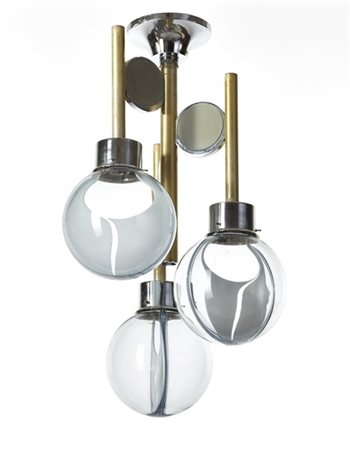 Toni Zuccheri (Attribuito)
Lampada a sospensione a tre luci globi diffusore a "m