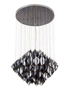 Lampada a sospensione con disco centrale e attacco in metallo, catene e pendent