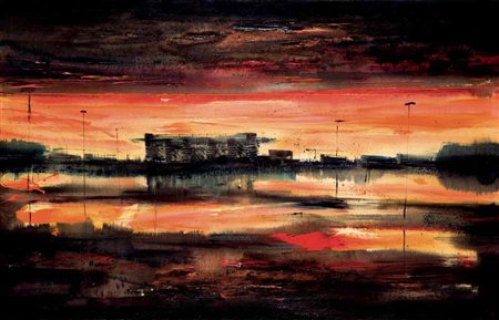 Alessandro Busci Milano 1971 SAN SIRO TRAMONTO smalto su tavola, cm 80x125....