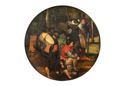 SCUOLA FIAMMINGA, CERCHIA DI / SEGUACE DI PIETER BRUEGHEL IL GIOVANE<BR>Frammento di una "Predica di S. Giovanni Battista" o "Suonatori di tamburi, soldati, contadini e mercanti ambulanti al margine di un bosco"