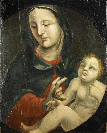 PITTORE ANONIMO<BR>"Madonna con Bambino e uccellino" XV secolo