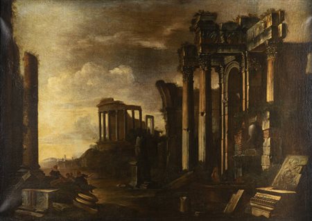 PITTORE ANONIMO<BR>Fine XVIII secolo<BR>"Antiche rovine con figure" XVII secolo