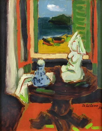 GIULIO DA MILANO<BR>F 1895 - 1990 Torino<BR>"Interno con tavolino e statua" Roquebrune (Nizza) 1974