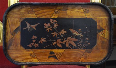Vassoio in legno decorato ad intarsi cm.54x32x4