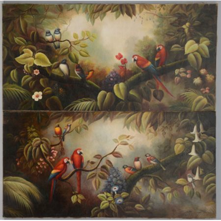 Coppia di antichi dipinti ad olio su tela a tema di volatili cm.60x120...