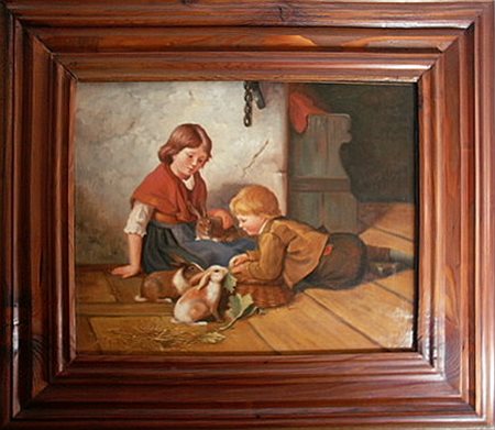 Coppia di dipinti con bambini e animali cm.40x50, reintelo