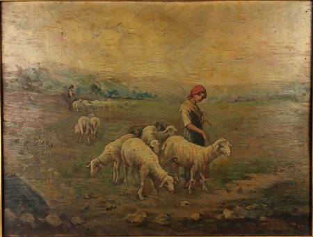 Pacifico Sidoli - Pastorella con gregge 1945 - Olio su tavola cm.40x50 -...