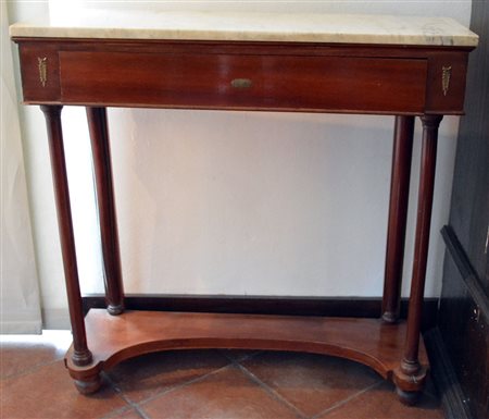 Console stile Impero impiallacciata in mogano con cassetto e piano in marmo...