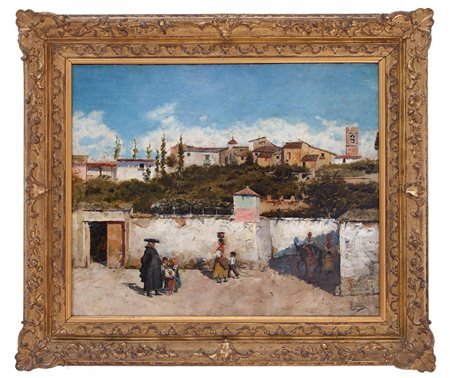 Francisco Pradilla Spagna 1848 - 1921 Scena di vita paesana olio su tela cm...