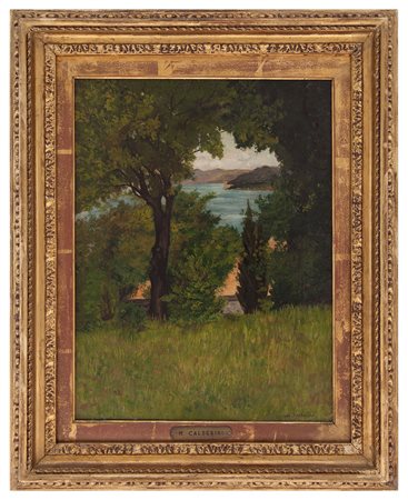 Marco Calderini Torino 1850 – 1941 Veduta Lacustre olio su tela cm 54x41