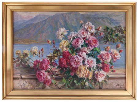 Licinio Barzanti Forli 1857 - Como 1944 Rose sul lago di Como olio su tela cm...
