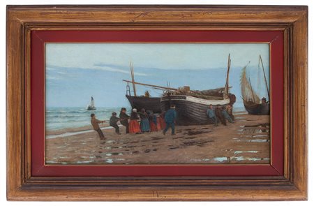 Achille Dovera Milano 1838 - 1895 Il varo olio su tela cm 40x70
