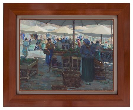 Vittorio Nattino Sestri Ponente 1890 - Voltri 1971 Il mercato cittadino olio...