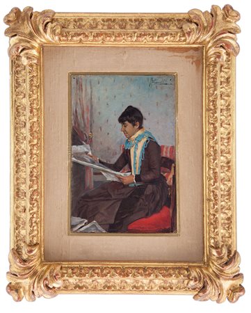 Ruggero Focardi Firenze 1864 - Quercianella 1934 La lettura olio su cartone...