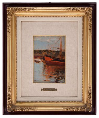 Ugo Manaresi Ravenna 1851 - Livorno 1917 Nel porto olio su tavola cm 25.7x17.58