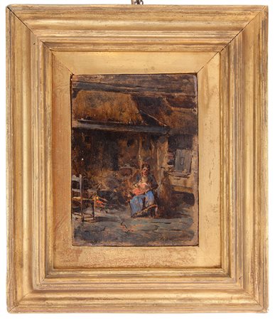 Alfonso Hollaender Ratisbona 1845 - Firenze 1923 Maternità olio su tavola cm...