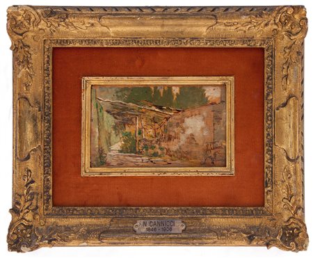 Niccolo Cannicci Firenze 1846 – 1906 Stradina di paese con porticato olio su...