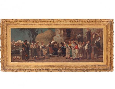 Annibale Brugnoli Perugia 1843 – 1915 Festa di paese olio su tavola cm 25.7x68