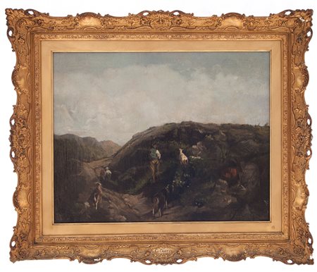 Giuseppe Palizzi Lanciano 1812 - Parigi 1888 Pastore con caprette al pascolo...