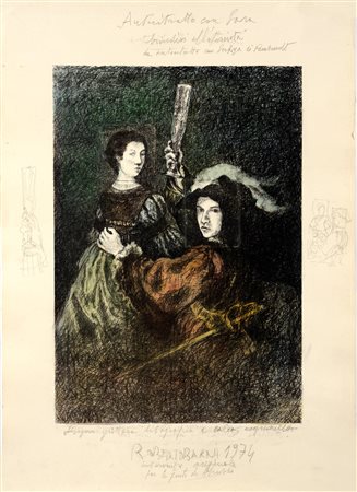 Roberto Barni, "Autoritratto con Sara. Brindisi all’eternità da Autoritratto con Saskia di Rembrand”, 1974
