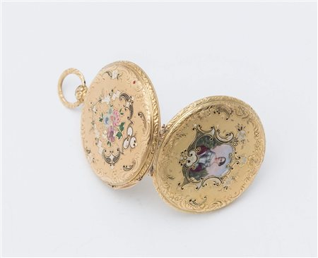OROLOGIO DA TASCA. In oro giallo, quadrante smaltato bianco, decorato con...