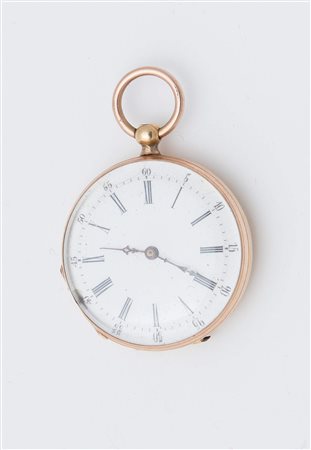 OROLOGIO DA TASCA in oro giallo, quadrante smaltato bianco con indici romani,...