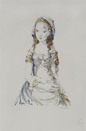 Leonard Tsuguharu Foujita (Tokyo, 1886 - Zurigo, 1968) Bambina con gatto...