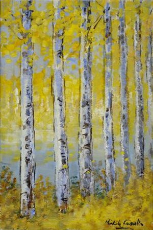 Michele Cascella (Ortona, 1892 - Milano, 1989) Pioppi Olio su tela, cm. 30x20...