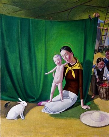 Jan Knap (Chrudim, 1949) Madonna con Bambino e coniglio, 1995 Olio su tela,...