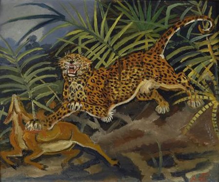 Antonio Ligabue (Zurigo, 1899 - Gualtieri, 1965) Leopardo con gazzella,...