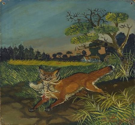 Antonio Ligabue (Zurigo, 1899 - Gualtieri, 1965) Volpe con pollo in bocca,...