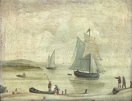Dipinto ad olio su rame raffigurante marina con barche e personaggi, XVIII...