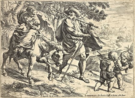 Incisione raffigurante Fuga in Egitto di Pietro Aquila (Marsala 1650- Roma...