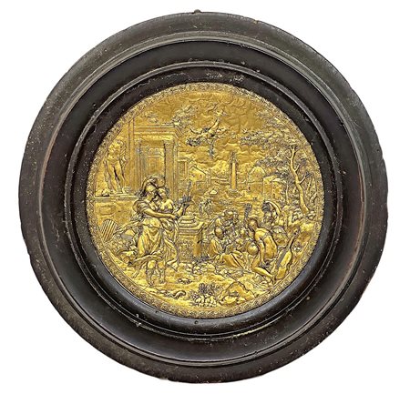 Tondo in ottone dorato in cornice di legno ebanizzato De Nuptis mercurii et...