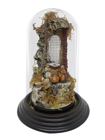 Piccolo presepe in teca di vetro, anni 50. Cm 18