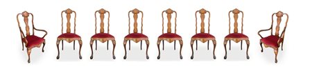 Gruppo di 6 sedie e 2 capitavola, XIX secolo, Olanda. Con intarsi floreali in...
