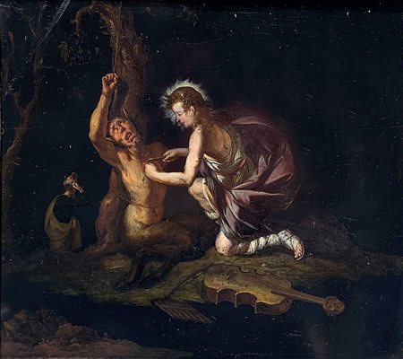 Dipinto ad olio su ardesia, raffigurante Apollo che scuoia Marsia, attribuito...