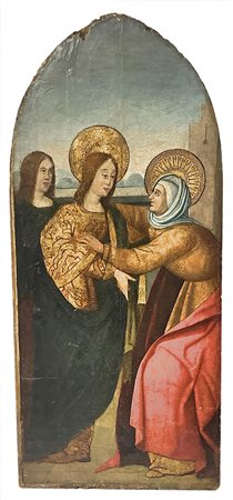 Fondo Oro raffigurante Madonna in visita a Santa Elisabetta e personaggio,...