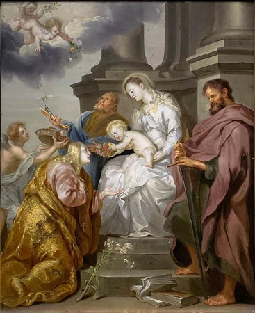 Dipinto ad olio su tavola di Rovere raffigurante Santa Rosalia con Madonna e...