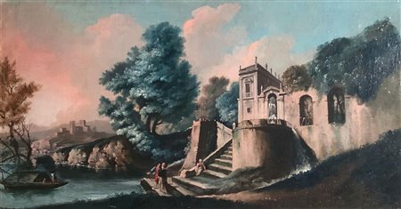 Dipinto ad olio su tela raffigurante veduta del Tevere a carattere...